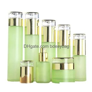 Packing Bottles 30Ml 60Ml 80Ml 100Ml 120Ml Frosted Green Cosmetic Glass Lotion Bottle Packaging Jars With Plastic Cap Empty Spray Dr Dhcyp