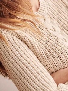 2023 frühling Elfenbein Einfarbig Gestrickte Pullover Langarm Rundhals Pullover Stil Pullover Tops M2D14249