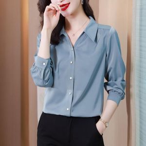 Kvinnors blusar koreanska kvinnors chiffongskjorta V-ringning bl￥ l￥ng￤rmad topp solid f￤rg enkel all-match kvinnor v￥r och h￶stmodeller
