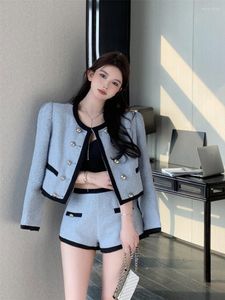 Agasalhos femininos casuais conjuntos de shorts de perna larga inverno jaqueta de peito duplo feminino coreano azul tweed casaco ternos de duas peças chique
