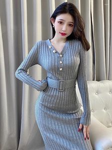 Casual Dresses Wild Stretch Autumn Sexig V långärmad bandage klänning Stickning Solid Vestido Mujer Slim Wrap Hip Robe Elegant Pink Grey Black