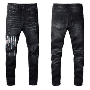 Men's Jeans High Street Ripped Slim Pants Washed Black Casual Denim For Male Size 28-40