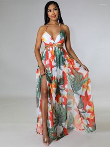 Abiti casual Stampa floreale Boho Maxi per le donne 2022 Summer Halter Backless High Split Holiday Dress Abiti da vacanza tagliati sexy