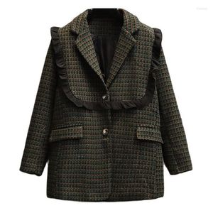 Abiti da donna Cappotto invernale Donna Blazer scozzese in tessuto di lana Vintage oversize verde a quadri addensato Giacca da donna calda in tweed Cappotti di lana femminile