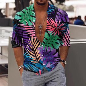 Camisas casuais masculinas Moda Men camisa Tropical Floral Impressão Floral Lappel 2022 Manga longa de luvas de streetwear Camisa masculina botão de lazer Tops