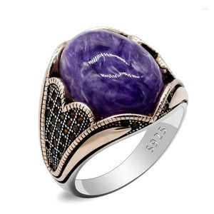 Pierścienie klastra 925 Srebrne mężczyzn Rose Gold Natural Purple Dragon Stone Retro Ręcznie robiony turecki trend Rock Biżuter