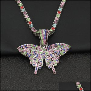 Pendanthalsband Colorf Crystal Butterfly Necklace Tennis Chain CZ Insects Charm Choker Iced Out Bling Hip Hop Jewelry Year Gifts D Dhsez