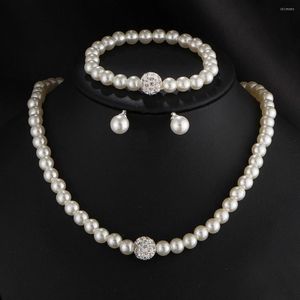 Brincos de colar Set Women Fashion Fashion Artificial Pearl Rhinestone Push Back Wedding Party Jewelry White