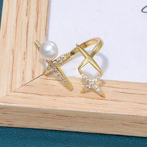 Cluster Rings Pearl Ring For Women Artificial Zircon Inlay Adjustable Natural Freshwater Cultured Fashion Party Accessories Girl Top