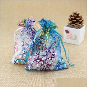 Jewelry Pouches Bags 100 Pcs Blue Coral Fashion Organza Gift Pouch 7X9Cm Dstring Bag Candy Diy Drop Delivery Packaging Display Dh3Mi