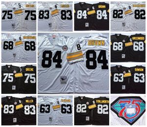 NCAA Vintage Retro 75. Futbol 84 Antonio Kahverengi Formalar 75 Joe Greene 83 Heath Miller 82 John Stallworth 68 LC Greenwood 63 Dermontti Dawson Jersey