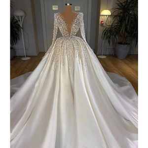 Luxury Ball Gown Wedding Dresses Appliques V Neck Long Sleeves Sequins Beads Pearls Satin Ruffles Celebrity Floor Length Luxury Celebrity Bridal Gowns Plus Size