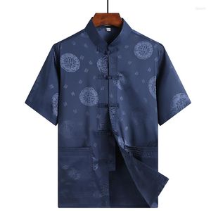 Men's Casual Shirts Silk Satin Tang Men Short Sleeve Shirt Chinese Style Classic Top Print Simple Vintage Clothes Plus Size