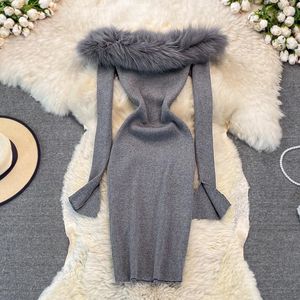 Casual Kleider Hüfte Schlanke Taille Sexy Slash Off Schulter Pelz Bodycon Kleid Vestidos Mujer Wild Schwarz Grau Pullover Weiß Stricken frauen Robe