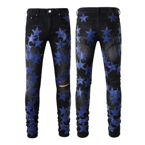 Мужские джинсы мужские брюки дизайнерские джинсы скинни Rip Denim Biker Star Paint Presscress Prints для мужчины, вышивая стройная растяжка мотоцикл.