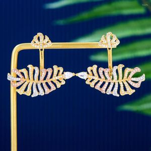 Stud￶rh￤ngen Godki Luxury 3 Tone Feather Leaf For Women Wedding Cubic Zircon Crystal African Dubai Bridal Earring Drop