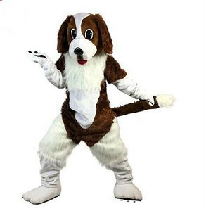 Costume da mascotte per cani in pelliccia lunga marrone di Halloween, costume da fursuit natalizio