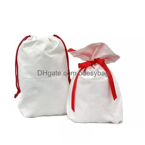 Juldekorationer Festival DString Candy Present Bag Plaid Canvas Sublimation Sack för DIY Printing Drop Delivery Home Garden Festi Dhng2