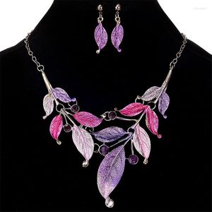 Necklace Earrings Set Purple Enamel Leaf Statement Pendant Earring Fashion Leaves Crystal Jewelry