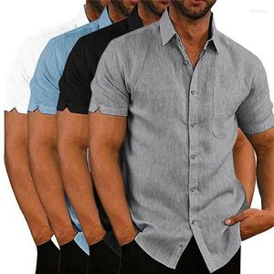 Camisas casuais masculinas 2022 moda masculina camisa social de verão botão manga curta linho fitness traje sólido masculino