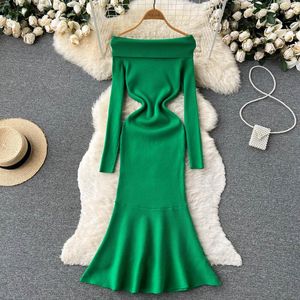 Casual Kleider Robe Hüfte Sexy Weg Von Der Schulter Grüne Meerjungfrau Kleid Bodycon Kleidung Lange Midi Maxi One 2022 Frauen gestrickte Pullover