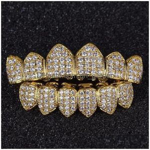 Grillz Griglie dentali Design di lusso Denti diamantati Grillz Gold Vampire Fangs Cz Per uomo Donna Top Bottom Con barra di stampaggio 107 Dhgarden Dhuod