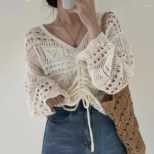 Women's Sweaters Women Spring College Cropped Lace Up Chic Khaki Pure Hollow Out Knitwear All-match Trendy Mujer Simple Aesthetic White