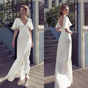 V Neck Sheath Wedding Dresses Front Split Backless Bridal Dress Floor Length Wedding Dresses Custom