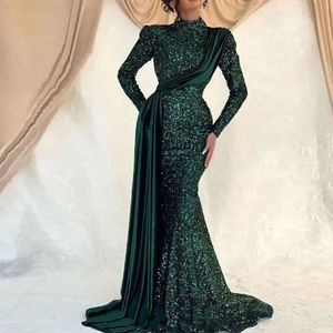 2023 abiti da ballo a sirena modesta verde cacciatore collo alto maniche lunghe paillettes in pizzo paillettes musulmano volant arabo aso ebi abito da sera donna