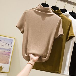 Frauen T Shirts Hälfte Rollkragen Solide Grund Hemd Frauen 2022 Sommer Kurzarm Schlank T Femme Mode Tops