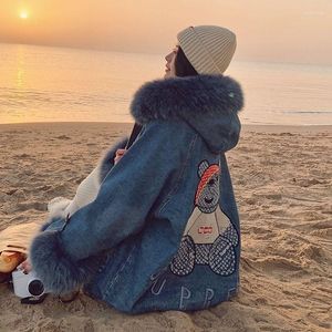 Women's Jackets Cowboy Parker Cotton Jacket Women's Lovely Bear Embroidery Technology Large Wool Collar Plush Thickened