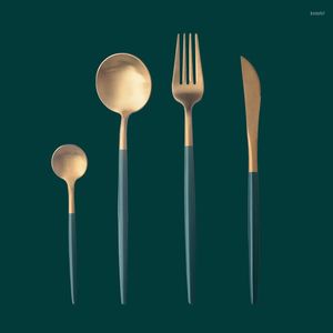 Dinnerware Sets Green Gold Coffee Spoon Sanding Chopsticks 304 Stainless Steel Gift El Knife Fork Dark Portuguese Tableware Set