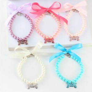 Dog Apparel Cat Pearl Collar Necklace Crystal Bling Bone Charm Puppy Dogs Cats Lace Bow Pendant Neck Pets