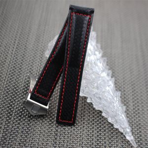 Titta på Band Carbon Fiber Watch Strap med rött sömt läderfoder i rostfritt stålklås Watchband för TAG228Z