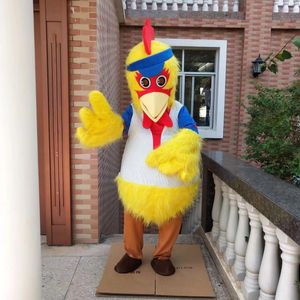 Gallo dai capelli lunghi Costume della mascotte del fumetto Gallina Personaggio anime Copricapo Pelliccia lunga Pollo giallo Fursuit Halloween Xmas Parade Suits Set