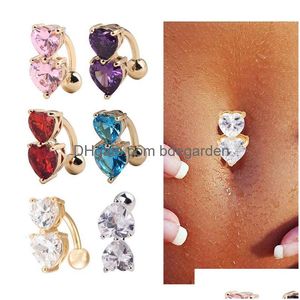 Navel Bell Button Rings 6 Colors Reverse Crystal Bar Belly Ring Gold Body Piercing Two Heart Pierce Jewelry 202 R2 Drop Delivery Dhw3I