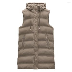 Damenwesten 2022 Winter-Frauen-mit Kapuze Reißverschluss langer Mantel elegante Taschen ärmellose Jacke weibliche beiläufige lange Weste