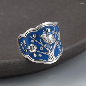 Cluster-Ringe S925 Sterling Silber Burnt Blue Drop Kleber Handwerk Augenbrauen Ring Weibliche Retro Ethnische Stil Vogel Offener Schmuck