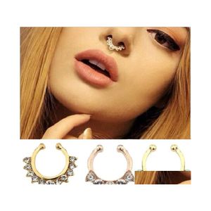 Nasenringe Stollen 100pcs/Los Crystal Fake Septum Piercing Clip auf K￶rperschmuck Faux Hoop Ladies for Women Mode Drop Delivery Dhipn