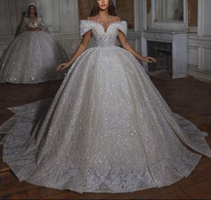 Luxury Ball Gown Wedding Dresses Appliques V Neck Sleeveless Off Shoulder Sequins Beads Lace Ruffles Celebrity Floor Length Luxury Celebrity Bridal Gowns Plus Size