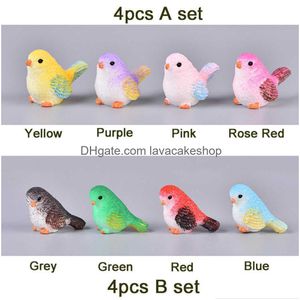 Decorative Objects Figurines 4 Pcs/Set Resin Home Ornament Cute Little Birds Animal Model Figurine Glass Decor Miniature Craft Gar Dhd7K