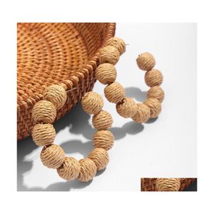 Hoop Huggie 2021 Boho ręcznie robiony okrągły rattan splot duże kolczyki dla kobiet Naturalne drewniane bambus stajne biżuteria