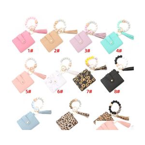 Party Favor Fashion Pu Leather Bracelet Wallet Keychain Tassels Bangle Key Ring Holder Card Bag Sile Beaded Wristlet Keychains Handb Dhtnx