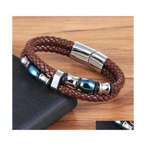 Charm Bracelets Xqni Geometrically Irregar Graphics Double Layers Stainless Steel Genuine Leather Bracelet Men Bangle 2 Colors Drop Dhqsi