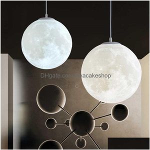 Dekorativa föremål Figurer Creative 3D Printed Moon Pendant Lamp 3 Färger Ljusa AC110220V hängande för sovrumshemdekoration Dhrko