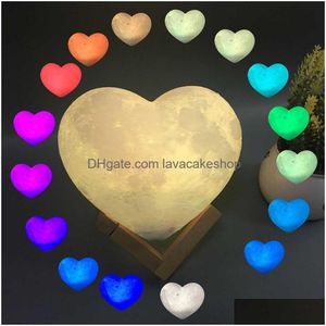 Decorative Objects Figurines C2 3D Moon Lamp Night Light Love Heart Usb Rechargable Girl Modeling Romantic Remote Shape Decoration Dh8Op