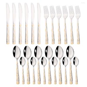 Dinnerware Sets Flower Kits Bronzing Silver Steak Knife Fork Tea Spoon Tableware 24Pcs Luxury Stainless Steel Flatware Cutlery Set