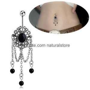 Navel Bell Button Rings Cute Vintage Black Stone Tassel Body Jewelry Piercings Stainless Steel Pendant Piercing Dangle For Women D Dh0Ta