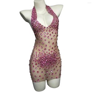 Casual Dresses Pink Rhinestone Transparent Short Dress For Women Dancer Prom Backless Halter Outfits Evening Birthday Celebrate