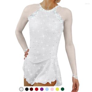 Stage Wear Girls Gymnastic Leotard Ballet Dancewear Kid Ice Skating Dress Long Sleeve Rhinestones Mesh Training Figure Outfits